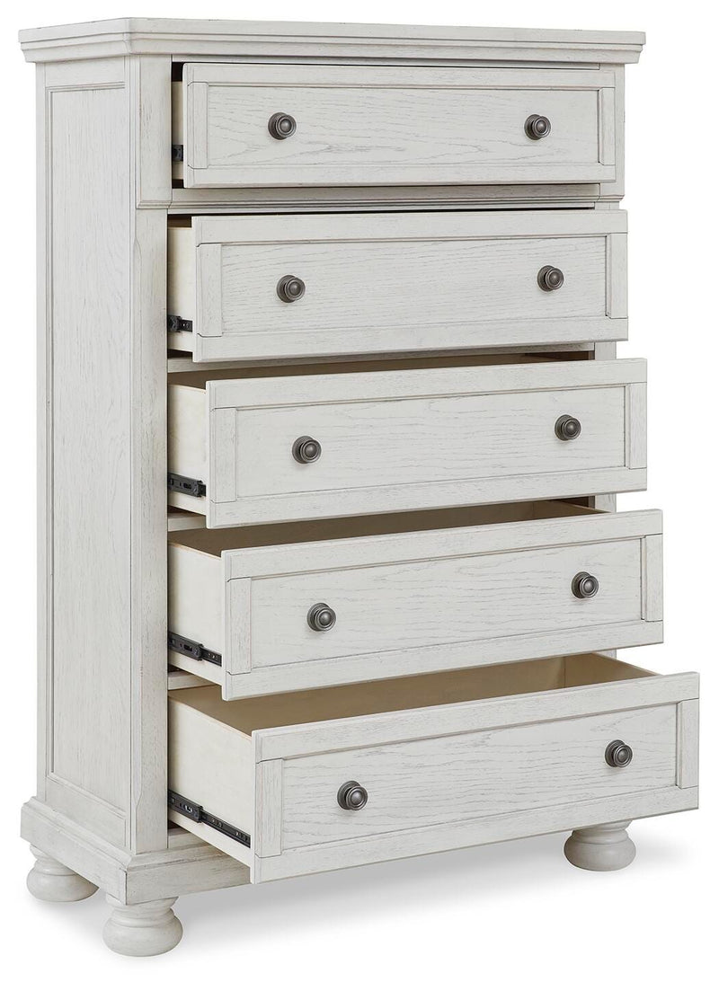 Robbinsdale Antique White Queen Panel Bed, Dresser, Chest and 2 Nightstands - B742B35