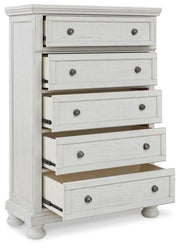 Robbinsdale Antique White Queen Panel Storage Bed, Dresser, Mirror and Chest - B742B27