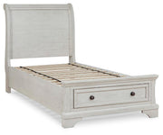 Robbinsdale Antique White Twin Storage Bed, Dresser, Mirror and Nightstand - B742B36