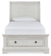 Robbinsdale Antique White Twin Storage Bed, Dresser, Mirror and Nightstand - B742B36