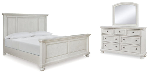 Robbinsdale California King Panel Bed with Mirrored Dresser in Antique White from Ashley - DMV Furniture