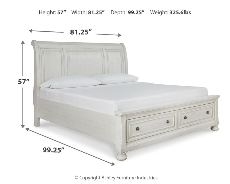 Robbinsdale California King Sleigh Bed with Storage with Mirrored Dresser in Antique White from Ashley - DMV Furniture