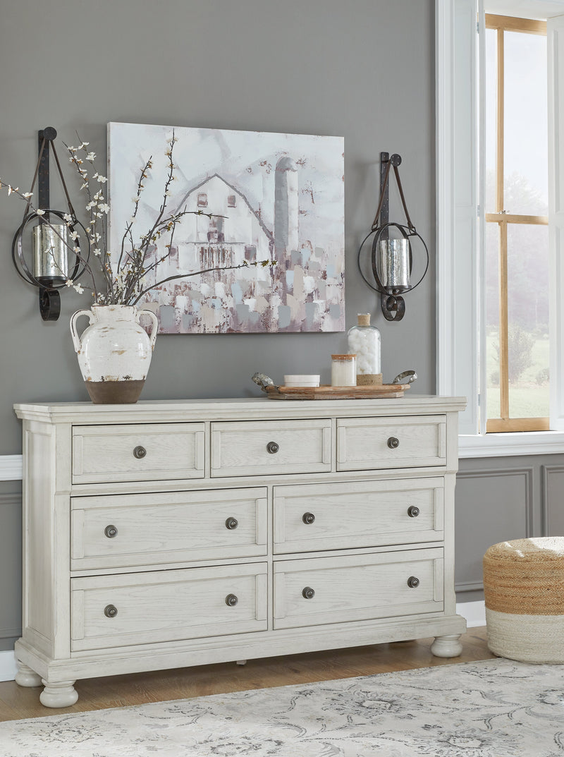 Robbinsdale California King Sleigh Bed with Storage with Mirrored Dresser in Antique White from Ashley - DMV Furniture