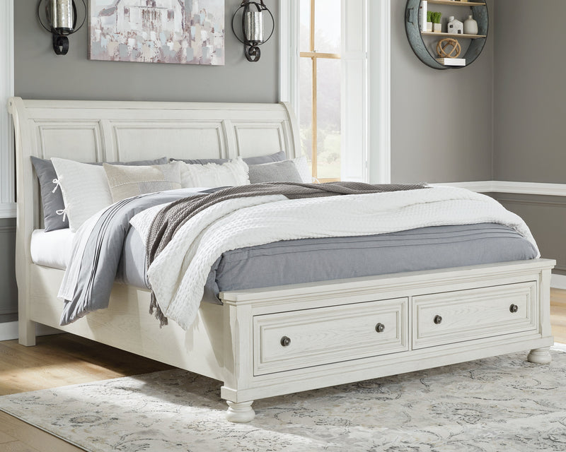 Robbinsdale California King Sleigh Bed with Storage with Mirrored Dresser in Antique White from Ashley - DMV Furniture