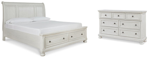 Robbinsdale California King Sleigh Bed with Storage with Mirrored Dresser in Antique White from Ashley - DMV Furniture
