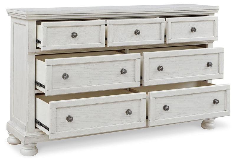Robbinsdale California King Sleigh Bed with Storage with Mirrored Dresser in Antique White from Ashley - DMV Furniture
