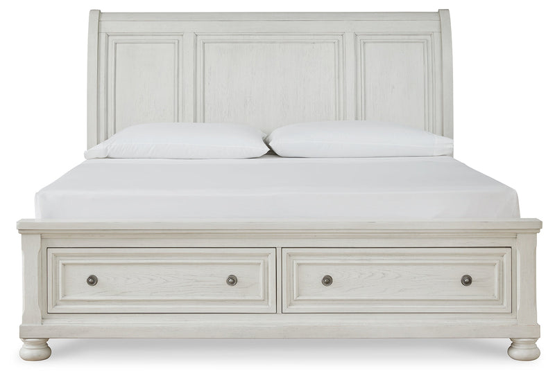 Robbinsdale California King Sleigh Bed with Storage with Mirrored Dresser in Antique White from Ashley - DMV Furniture