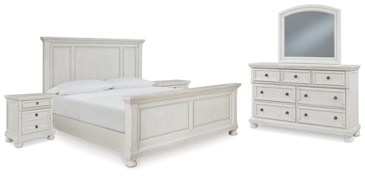 Robbinsdale King Panel Bed with Mirrored Dresser and 2 Nightstands in Antique White from Ashley - DMV Furniture