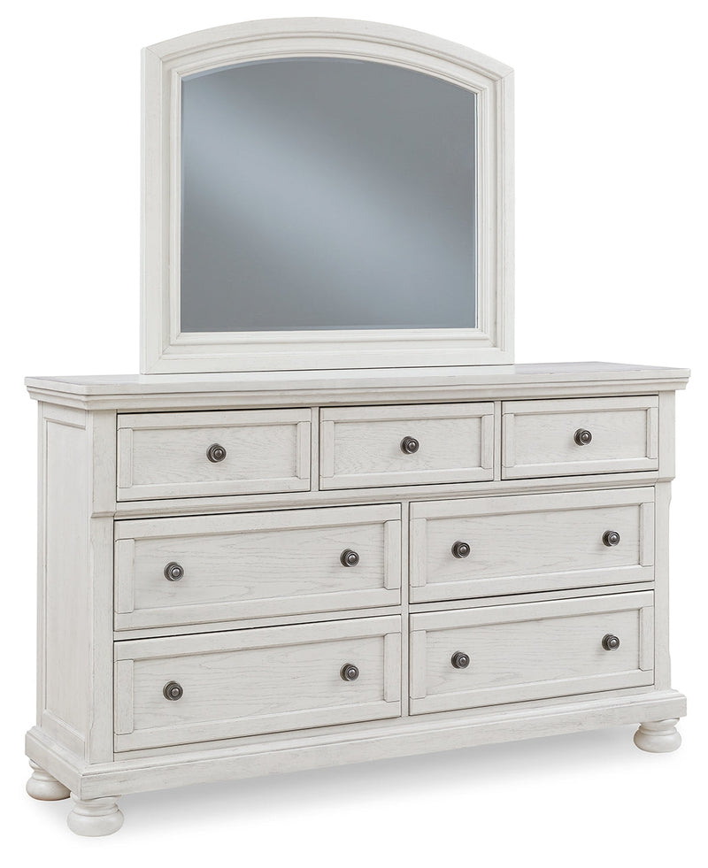 Robbinsdale King Panel Bed with Mirrored Dresser and Chest in Antique White from Ashley - DMV Furniture