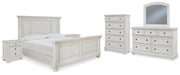 Robbinsdale King Panel Bed with Mirrored Dresser, Chest and 2 Nightstands in Antique White from Ashley - DMV Furniture
