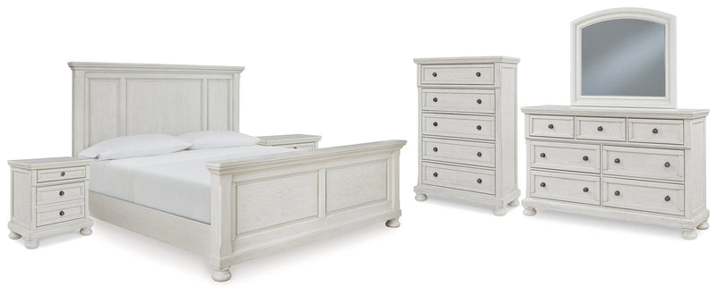 Robbinsdale King Panel Bed with Mirrored Dresser, Chest and 2 Nightstands in Antique White from Ashley - DMV Furniture