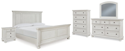 Robbinsdale King Panel Bed with Mirrored Dresser, Chest and Nightstand in Antique White from Ashley - DMV Furniture