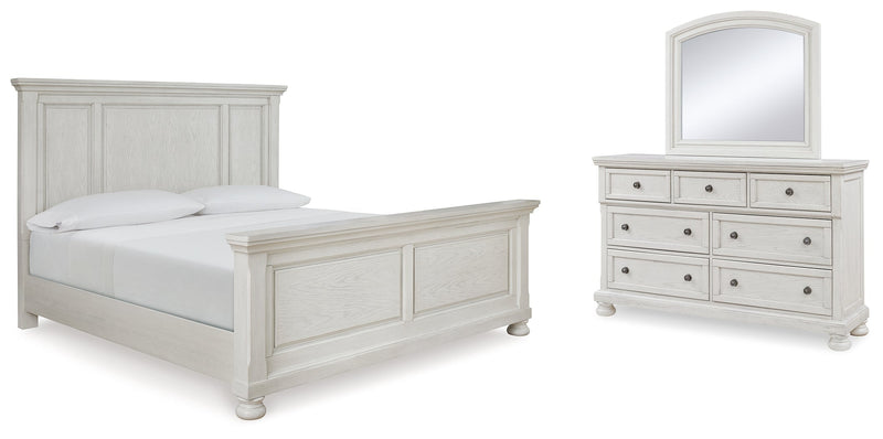 Robbinsdale Queen Panel Bed with Mirrored Dresser in Antique White from Ashley - DMV Furniture