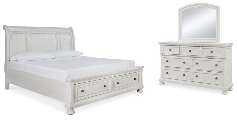 Robbinsdale Queen Sleigh Bed with Storage with Mirrored Dresser in Antique White from Ashley - DMV Furniture