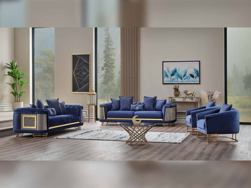 Romans 4-pieces (2 Sofa & 2 Chair) Livingroom Set Navy Blue in Blue - 101-ROM-LV431-3311