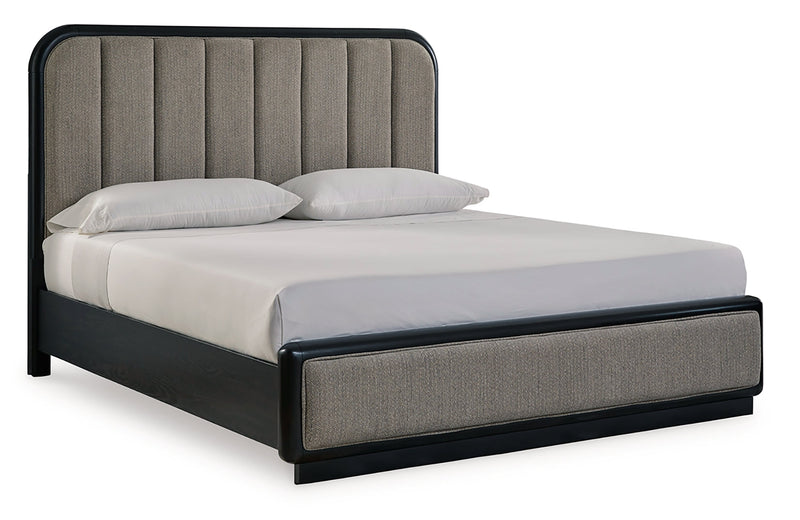 Rowanbeck California King Upholstered Panel Bed with 2 Nightstands in Gray/Black from Ashley - DMV Furniture