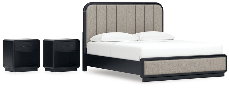 Rowanbeck California King Upholstered Panel Bed with 2 Nightstands in Gray/Black from Ashley - DMV Furniture