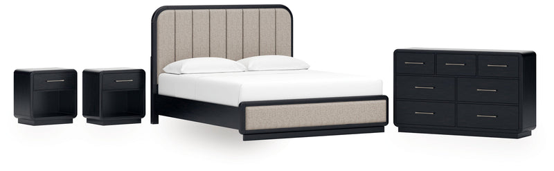 Rowanbeck California King Upholstered Panel Bed with Dresser and 2 Nightstands in Gray/Black from Ashley - DMV Furniture