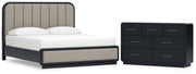 Rowanbeck California King Upholstered Panel Bed with Dresser in Gray/Black from Ashley - DMV Furniture