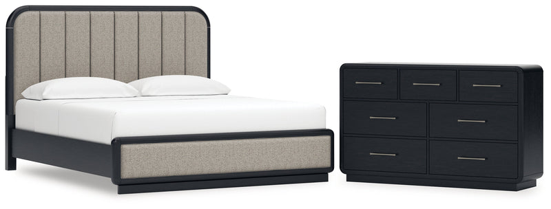 Rowanbeck California King Upholstered Panel Bed with Dresser in Gray/Black from Ashley - DMV Furniture