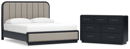 Rowanbeck California King Upholstered Panel Bed with Dresser in Gray/Black from Ashley - DMV Furniture