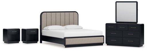Rowanbeck California King Upholstered Panel Bed with Mirrored Dresser and 2 Nightstands in Gray/Black from Ashley - DMV Furniture