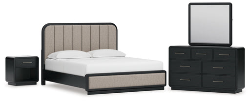 Rowanbeck California King Upholstered Panel Bed with Mirrored Dresser and Nightstand in Gray/Black from Ashley - DMV Furniture