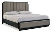 Rowanbeck California King Upholstered Panel Bed with Mirrored Dresser and Nightstand in Gray/Black from Ashley - DMV Furniture