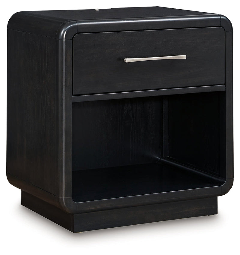Rowanbeck California King Upholstered Panel Bed with Mirrored Dresser and Nightstand in Gray/Black from Ashley - DMV Furniture
