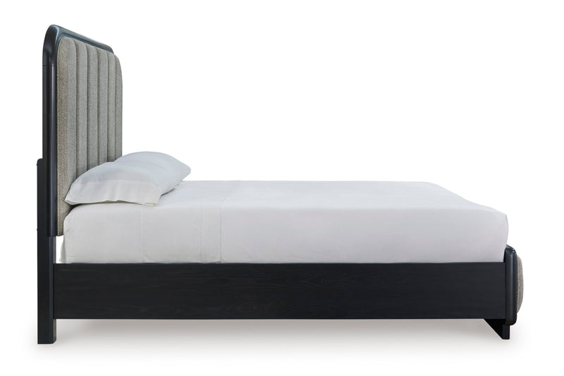 Rowanbeck Gray/Black Queen Upholstered Panel Bed - DMV FurnitureQueen Bed