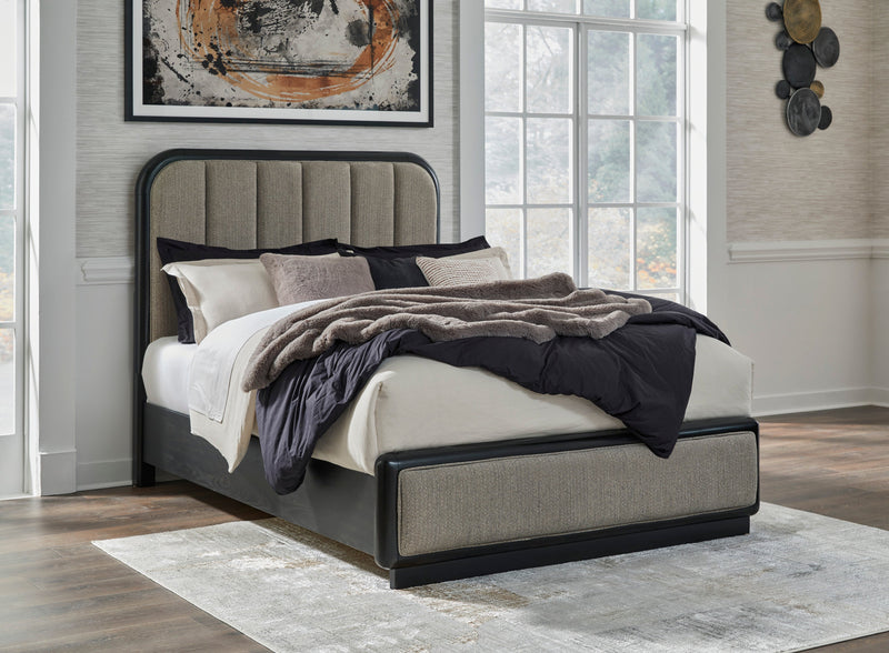 Rowanbeck Gray/Black Queen Upholstered Panel Bed - DMV FurnitureQueen Bed