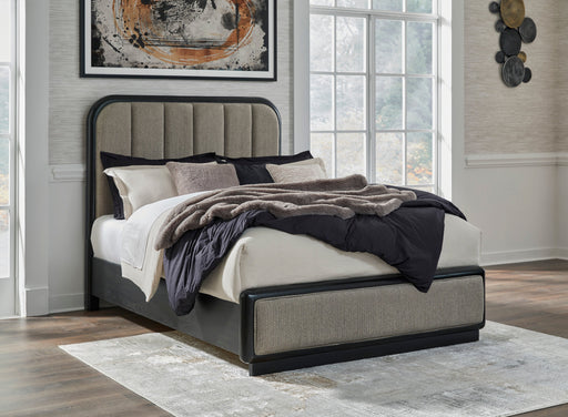 Rowanbeck Gray/Black Queen Upholstered Panel Bed - DMV FurnitureQueen Bed