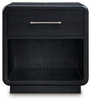 Rowanbeck King Upholstered Panel Bed with 2 Nightstands in Gray/Black from Ashley - DMV Furniture