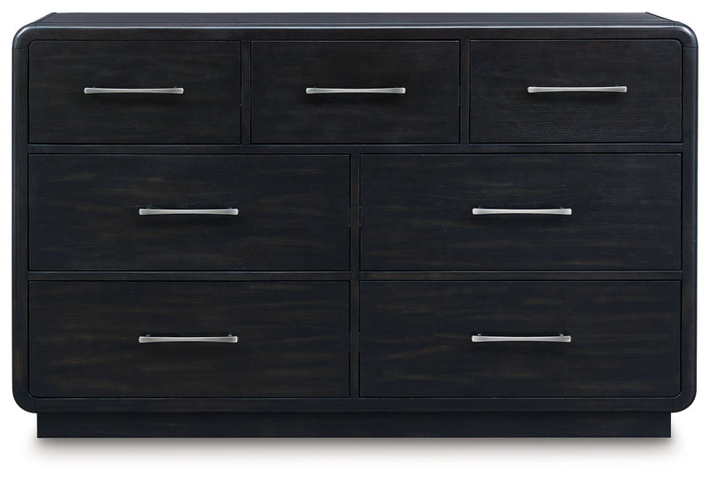 Rowanbeck King Upholstered Panel Bed with Dresser and 2 Nightstands in Gray/Black from Ashley - DMV Furniture