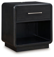 Rowanbeck King Upholstered Panel Bed with Dresser and 2 Nightstands in Gray/Black from Ashley - DMV Furniture