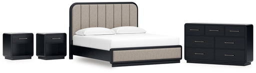 Rowanbeck King Upholstered Panel Bed with Dresser and 2 Nightstands in Gray/Black from Ashley - DMV Furniture