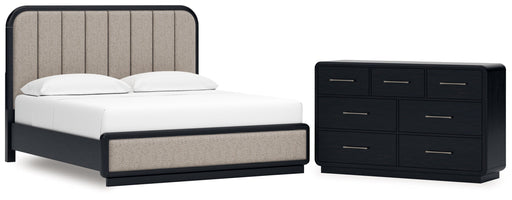 Rowanbeck King Upholstered Panel Bed with Dresser in Gray/Black from Ashley - DMV Furniture