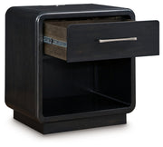 Rowanbeck King Upholstered Panel Bed with Mirrored Dresser and 2 Nightstands in Gray/Black from Ashley - DMV Furniture