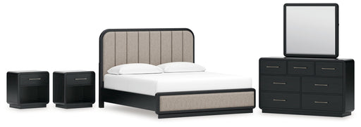 Rowanbeck King Upholstered Panel Bed with Mirrored Dresser and 2 Nightstands in Gray/Black from Ashley - DMV Furniture