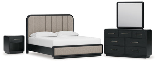 Rowanbeck King Upholstered Panel Bed with Mirrored Dresser and Nightstand in Gray/Black from Ashley - DMV Furniture