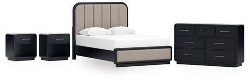 Rowanbeck Queen Upholstered Panel Bed with Dresser and 2 Nightstands in Gray/Black from Ashley - DMV Furniture
