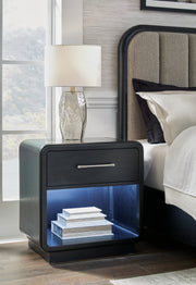 Rowanbeck Queen Upholstered Panel Bed with Mirrored Dresser and 2 Nightstands in Gray/Black from Ashley - DMV Furniture