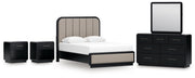Rowanbeck Queen Upholstered Panel Bed with Mirrored Dresser and 2 Nightstands in Gray/Black from Ashley - DMV Furniture
