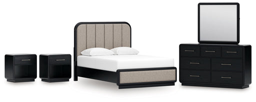 Rowanbeck Queen Upholstered Panel Bed with Mirrored Dresser and 2 Nightstands in Gray/Black from Ashley - DMV Furniture