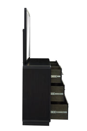 Rowanbeck Queen Upholstered Panel Bed with Mirrored Dresser and 2 Nightstands in Gray/Black from Ashley - DMV Furniture