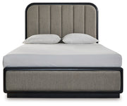 Rowanbeck Queen Upholstered Panel Bed with Mirrored Dresser and 2 Nightstands in Gray/Black from Ashley - DMV Furniture
