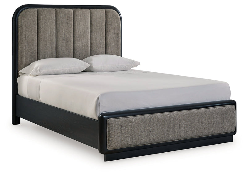Rowanbeck Queen Upholstered Panel Bed with Mirrored Dresser and 2 Nightstands in Gray/Black from Ashley - DMV Furniture