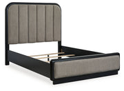 Rowanbeck Queen Upholstered Panel Bed with Mirrored Dresser and 2 Nightstands in Gray/Black from Ashley - DMV Furniture