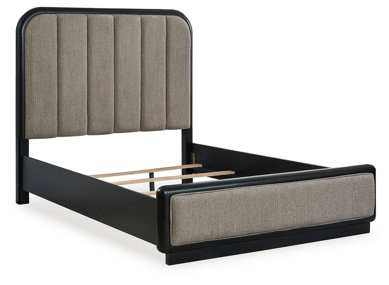 Rowanbeck Queen Upholstered Panel Bed with Mirrored Dresser and 2 Nightstands in Gray/Black from Ashley - DMV Furniture