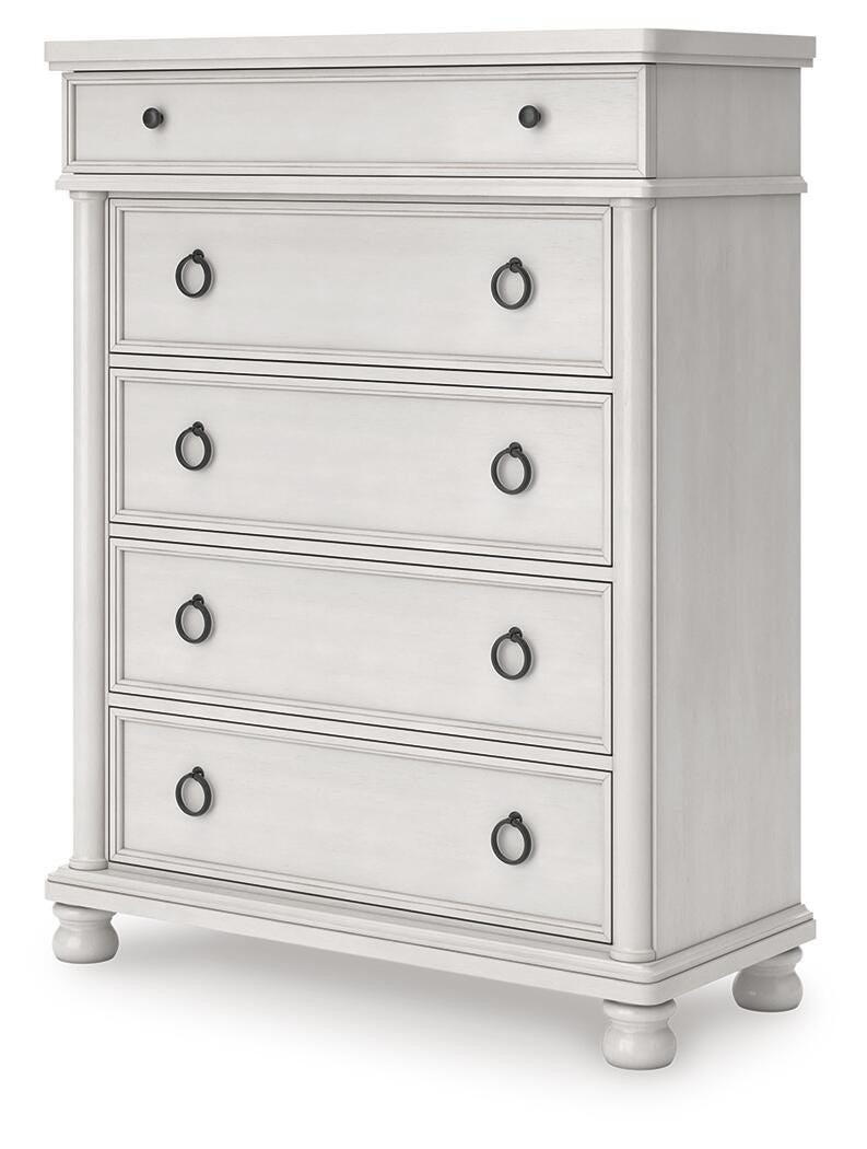 Rowlenstown California King Poster Bed, Dresser and Chest in Antique White - PKG023881